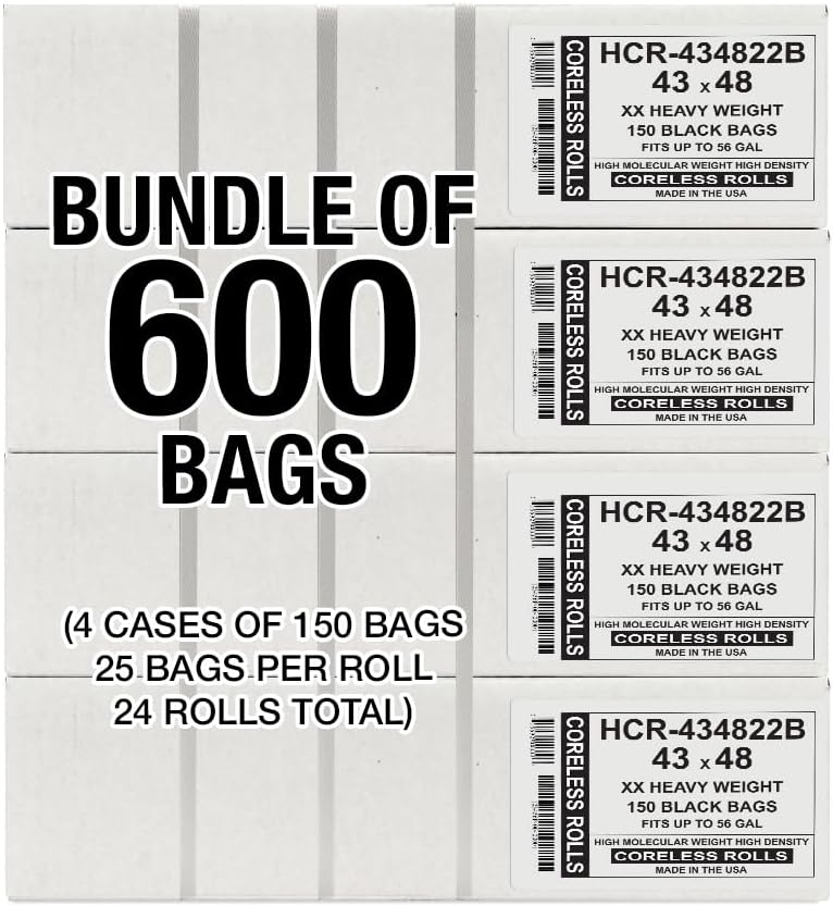 Aluf Plastics High Density Trash Bags, 56 Gallon, 600 Count, 22 Micron (eq), 43" x 48", Black, for
