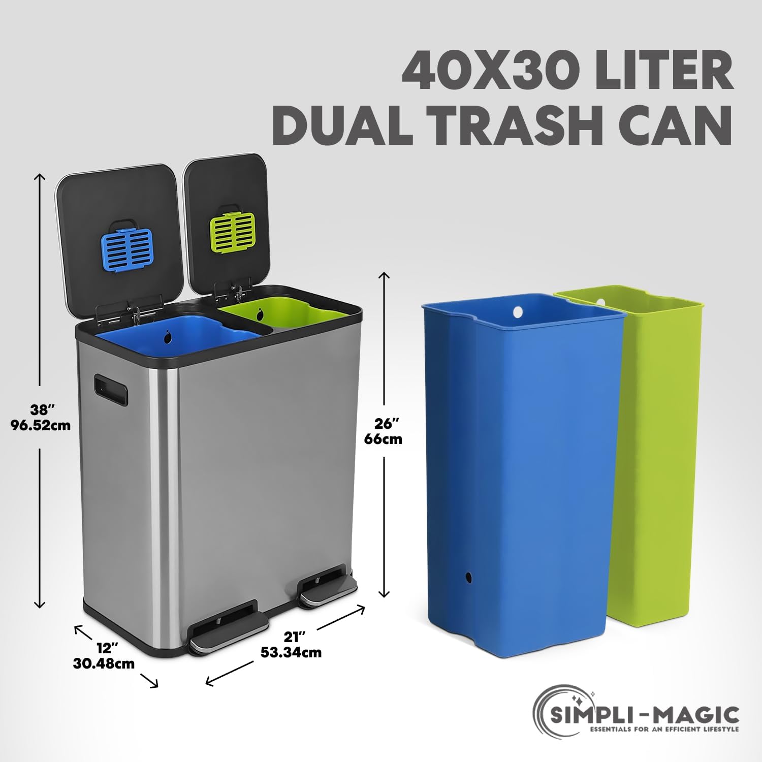 Simpli-Magic 18.5 Gallon (40L x 30L) Dual Compartment Step Trash Can – Kitchen Garbage Can with