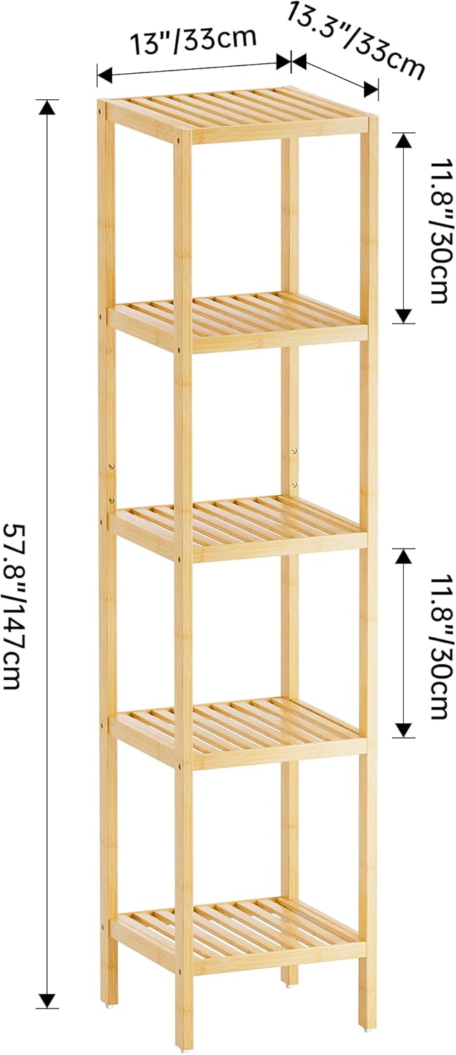 SMIBUY Bathroom Storage Shelf, 5-Tier Bamboo Rack Organizer, Multifunctional Shelving Unit for