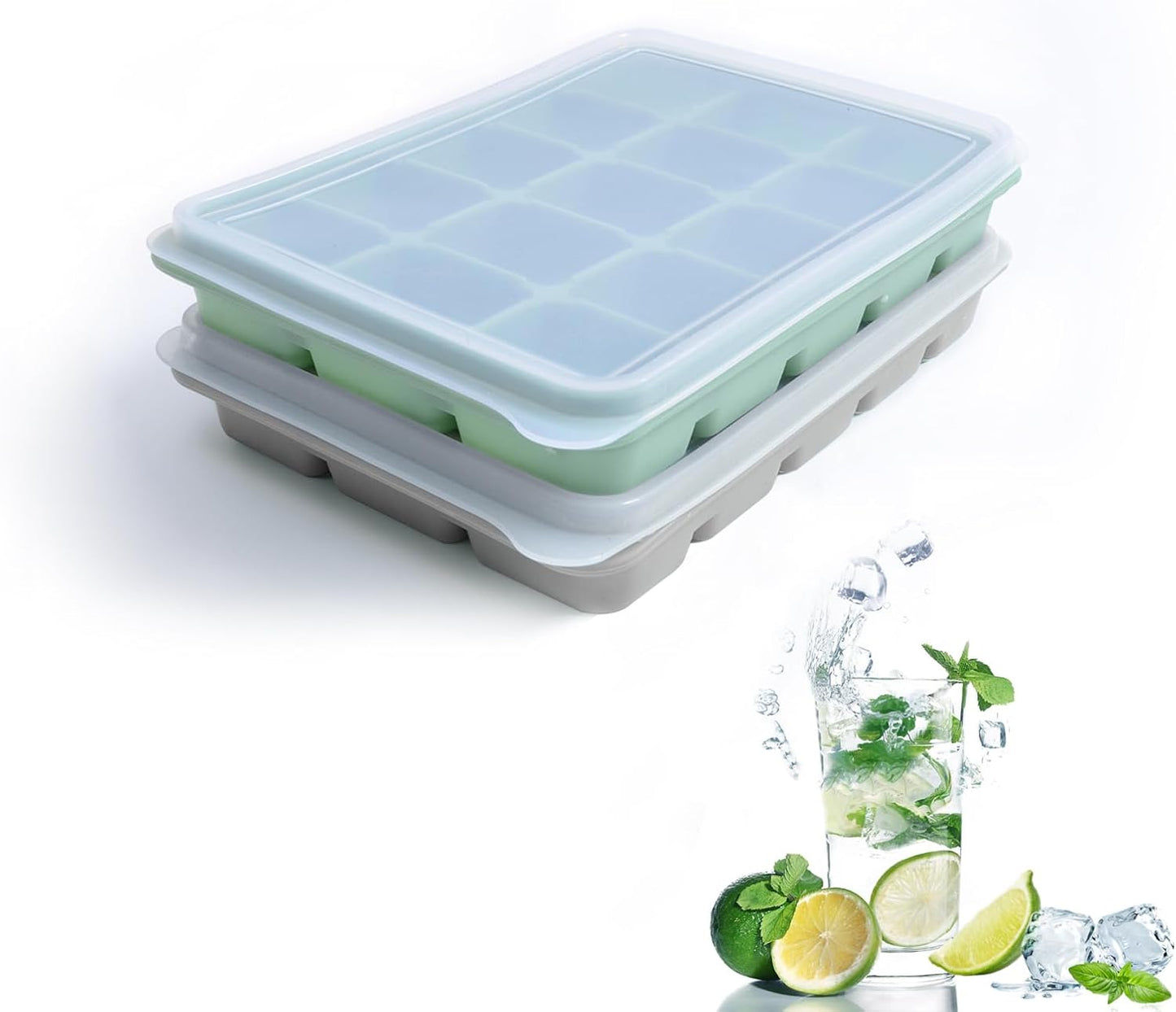 Ice Cube Trays Set of 2, Easy Release 15 Flexible Silicone Ice Cube Molds with Removable Lid