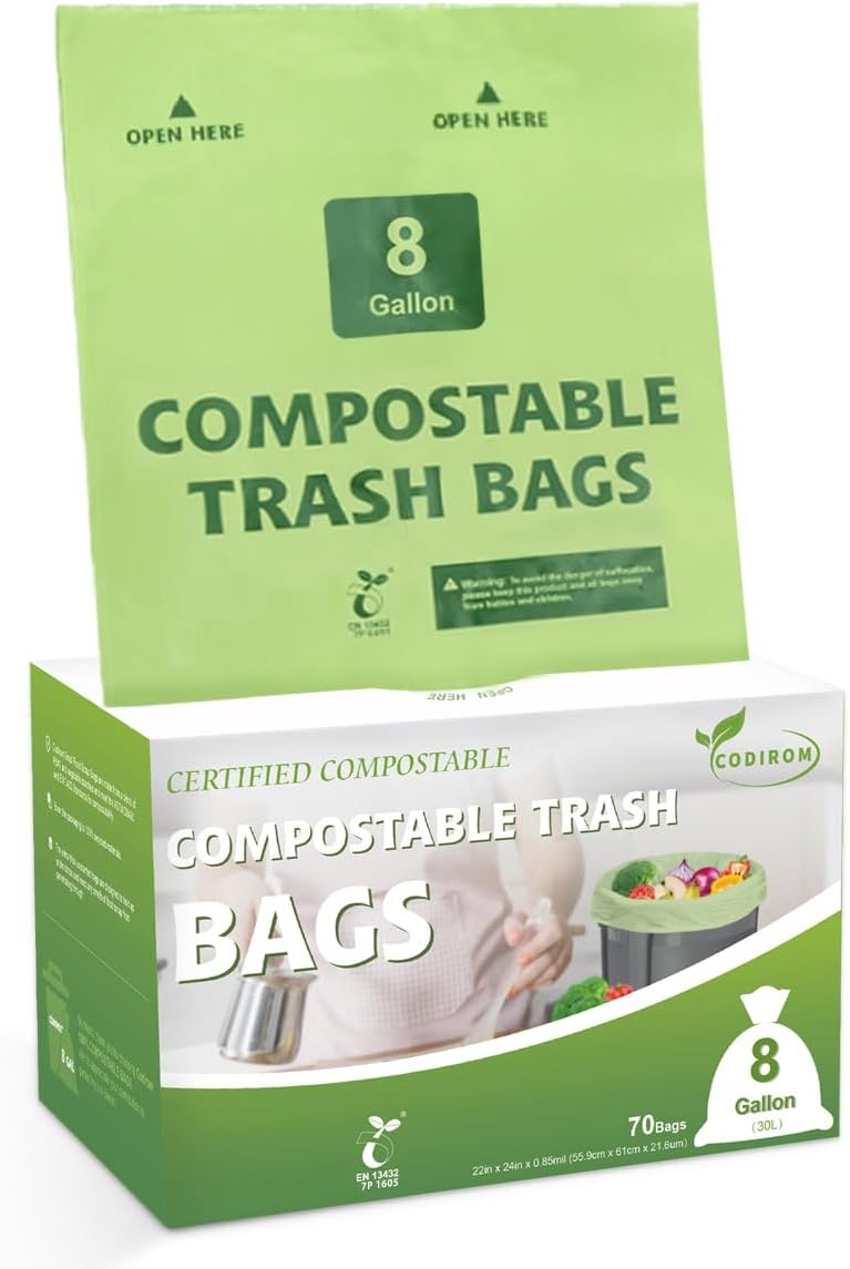 100% Compostable Trash Bags, 8 Gallon, 30 Liter, 0.85 Mils, 70 Count Large Kitchen Food Scrap