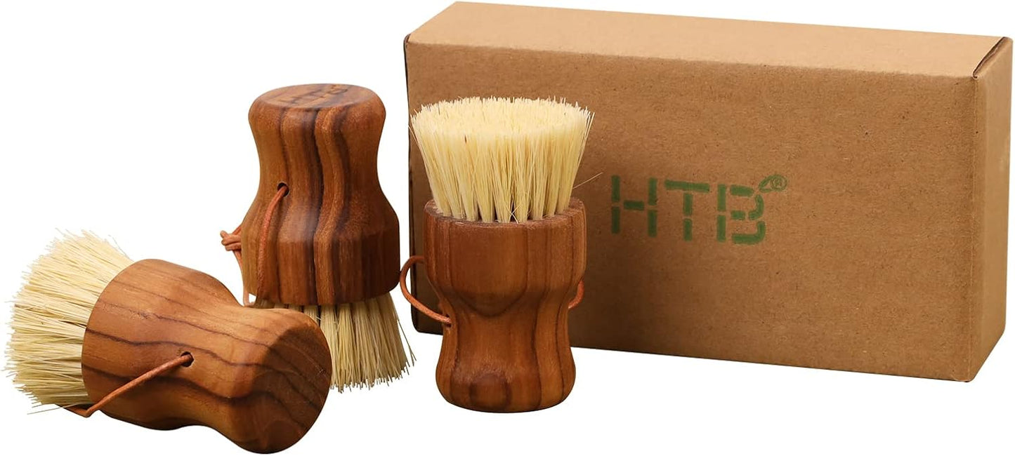 Teak Dish Scrub Brush 3PCS by HTB, Good Grip Small Wooden Dish Brush with Teak Handle & Sisal