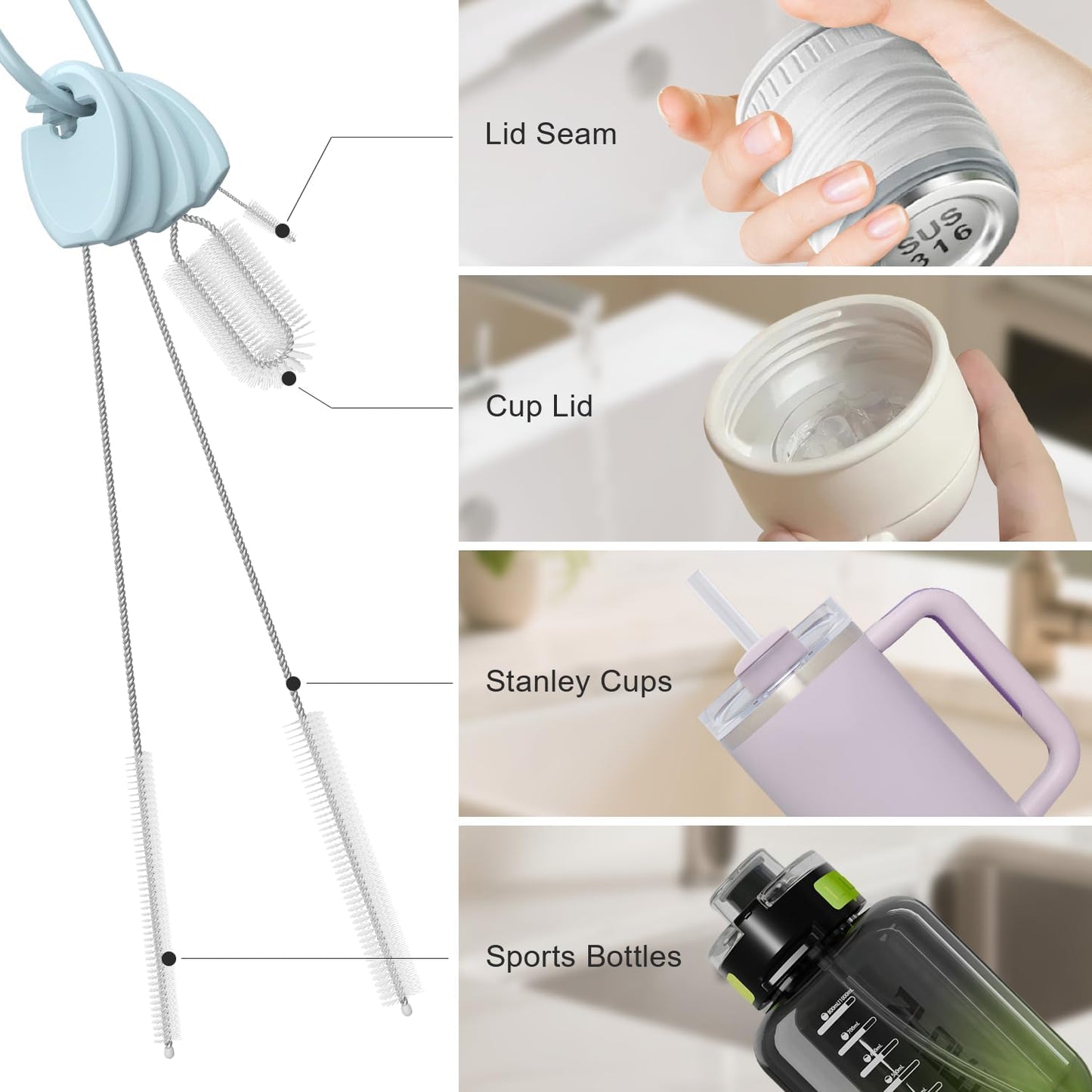 YOTIME Standing Straw Cleaner Brush Set, 4in1 Reusable Straw Brushes with Holder Ring, for Wide and