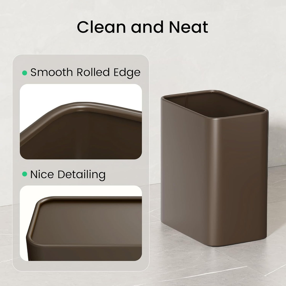 Cesun Small Bathroom Trash Can, 2.1 Gallons, Open-Top, Brown Metal, Stainless Steel, Modern, Ideal