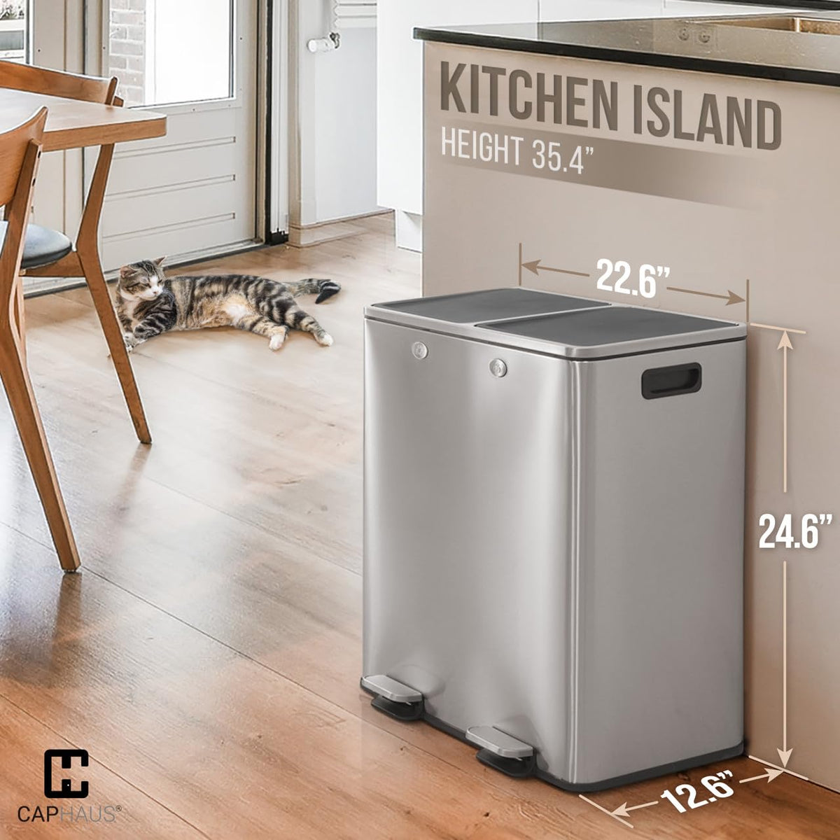 CAPHAUS Dual Trash Can with Double Lid, Trash and Recycle Bins Combo, Hands-Free Stainless-Steel