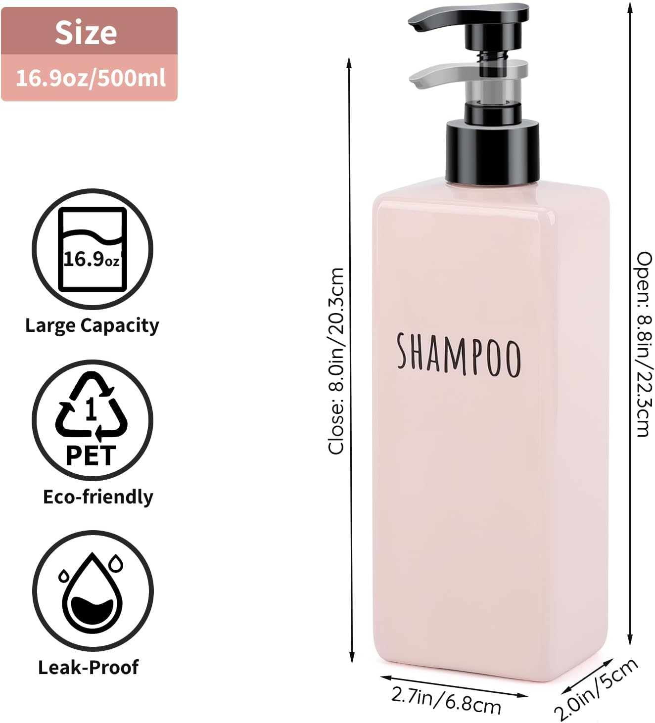 Segbeauty Refillable Shampoo and Conditioner Bottles, 3pcs 16.9oz Square Plastic Bathroom Soap