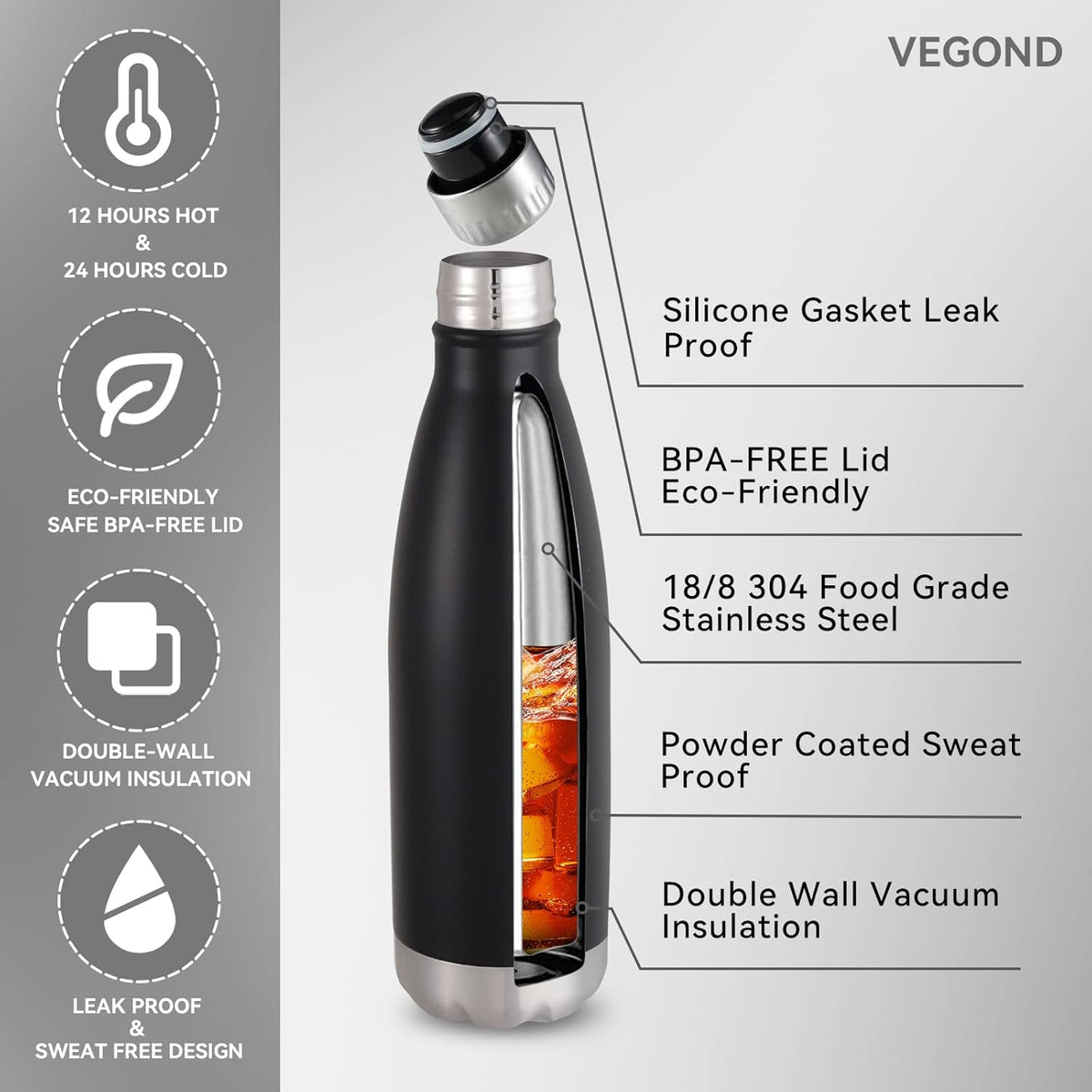 VEGOND 17oz Stainless Steel Water Bottles Bulk, Reusable Metal Sports Water Bottle Keeps Drink Hot