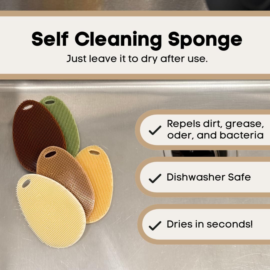 Silicone Dish Scrubber Set of 5 | Reusable Silicone Sponges for Dishes | BPA-Free Food Grade