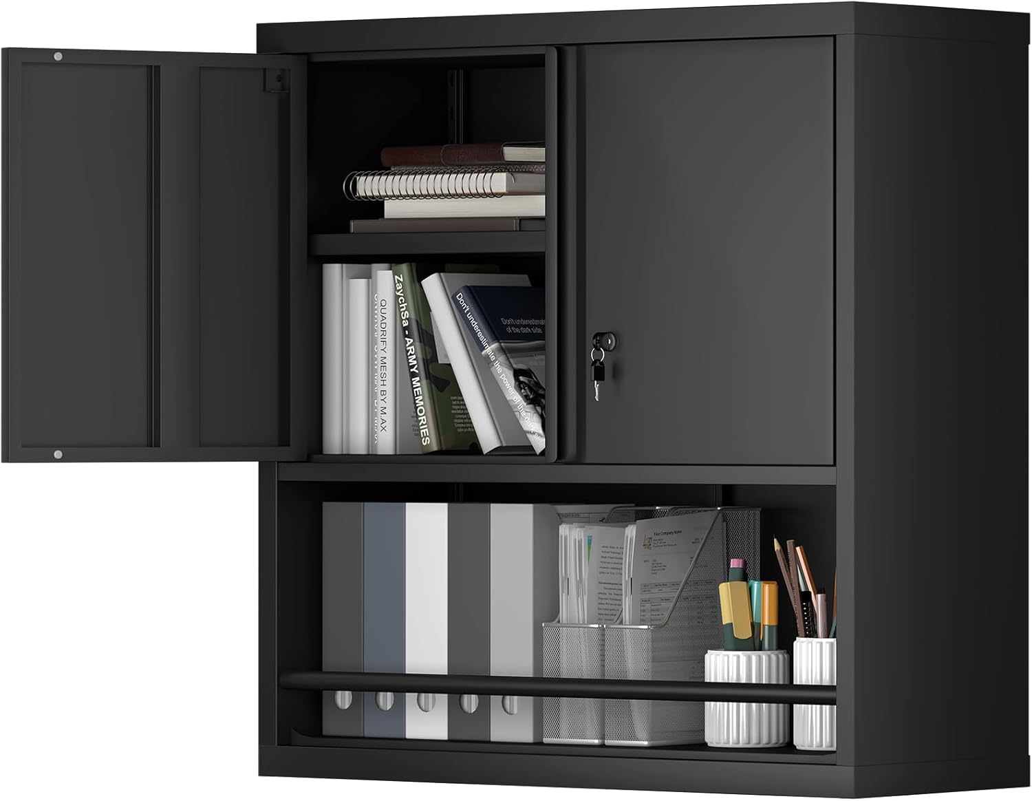 Locking Cabinet, Black Wall Storage Cabinet with Shelves, Hanging Cabinets with Open Storage, Small