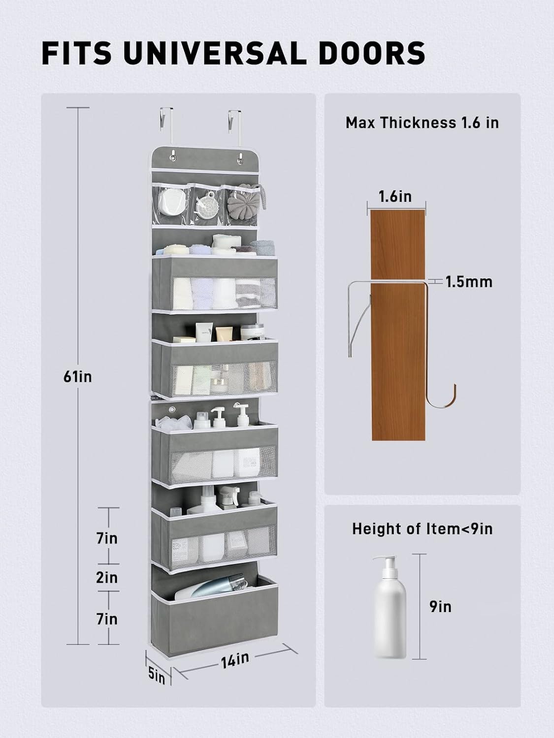 Yecaye 6-Tier Over the Door Storage Organizer, Flexible 1 Split into 2 Swing-proof Hanging Bathroom