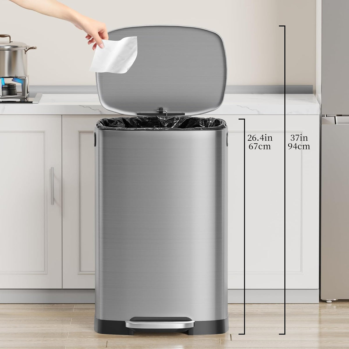 13 Gallon Trash Can with Lid, 50L Fingerprint Proof Stainless Steel Kitchen Trash Can with