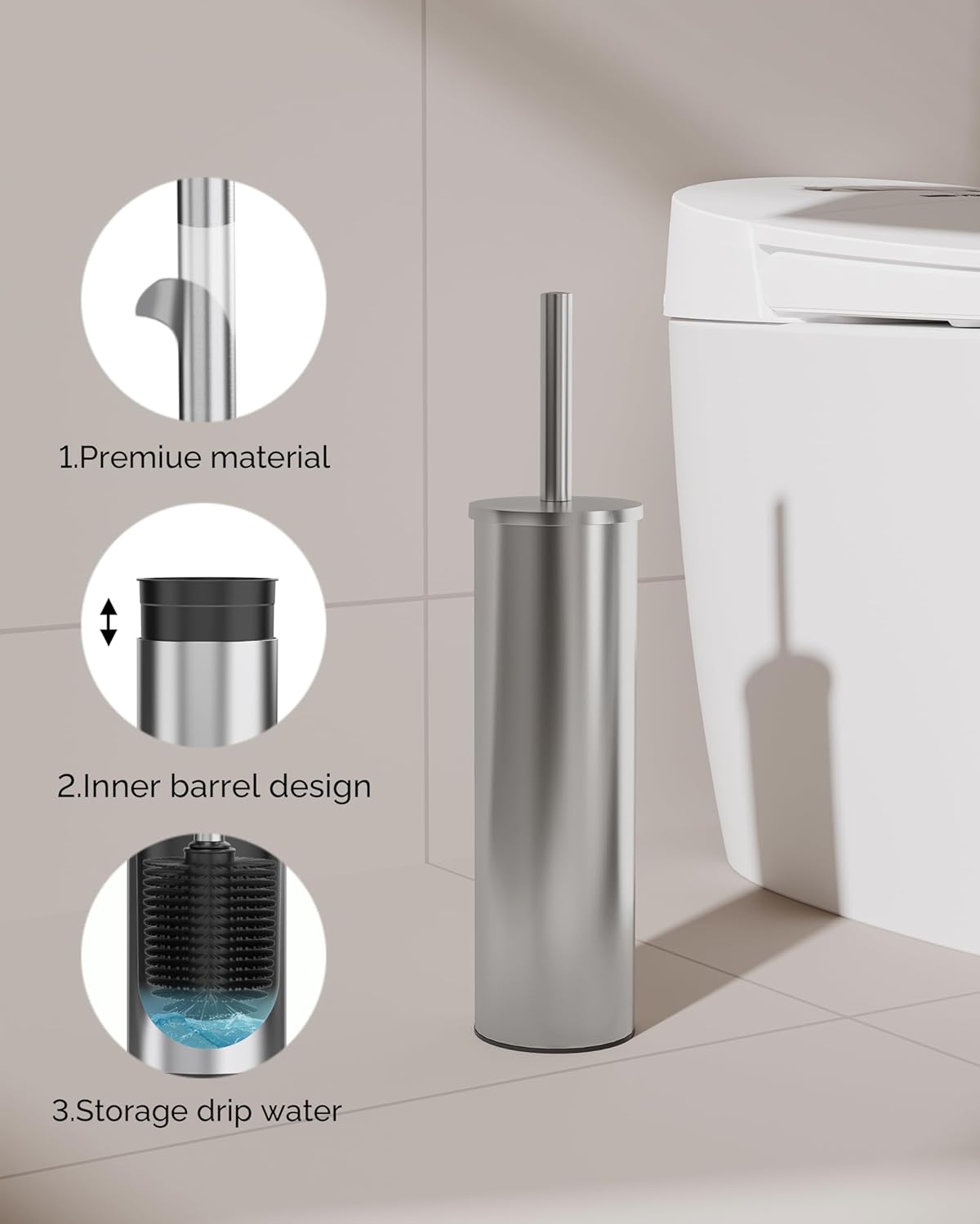 Toilet Brush and Holder Set, Stainless Steel Toilet Bowl Brush with Lid, Rust Proof Toilet Cleaner