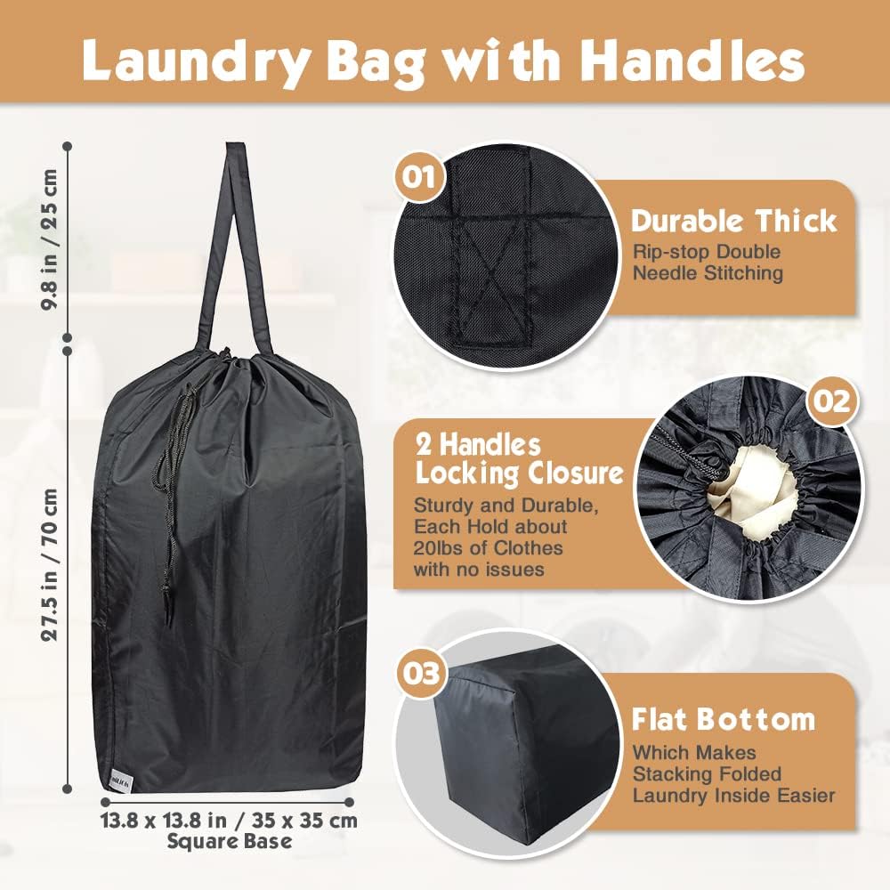 Washable Travel Laundry Bag with Handles and Drawstring (2 Pack), Heavy Duty Large Enough to Hold 3