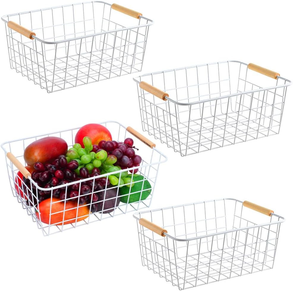 LeleCAT White Wire Baskets for Organizing with Handles，Pantry Organizers and Storage For Kitchen