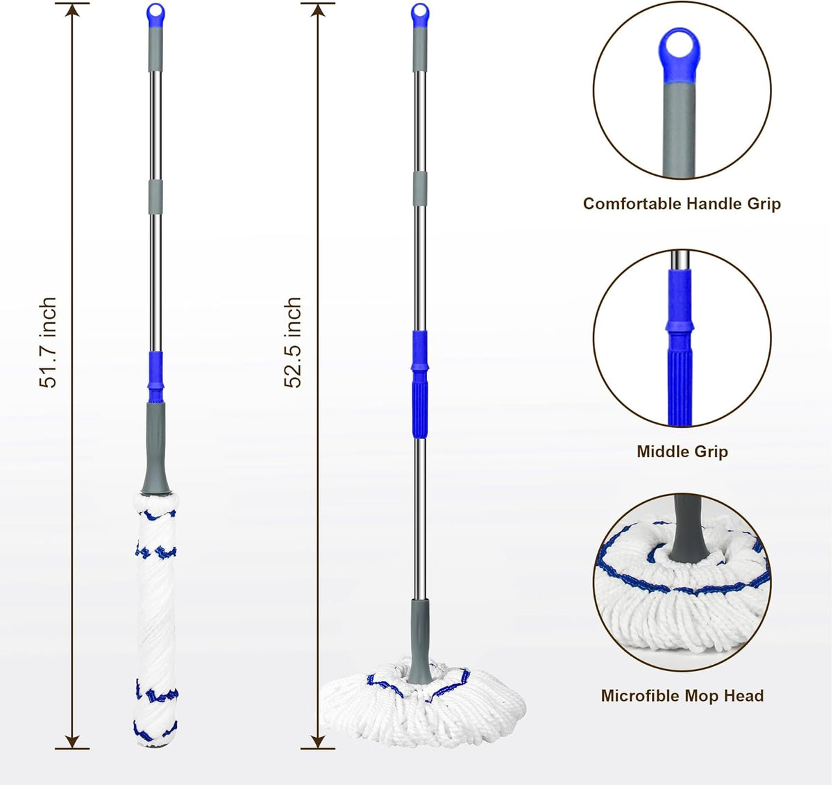 Self Wringing Floor Cleaner with 52.5 Inch Long Handle, Heavy Duty Wet Mop for Hardwood, Tile