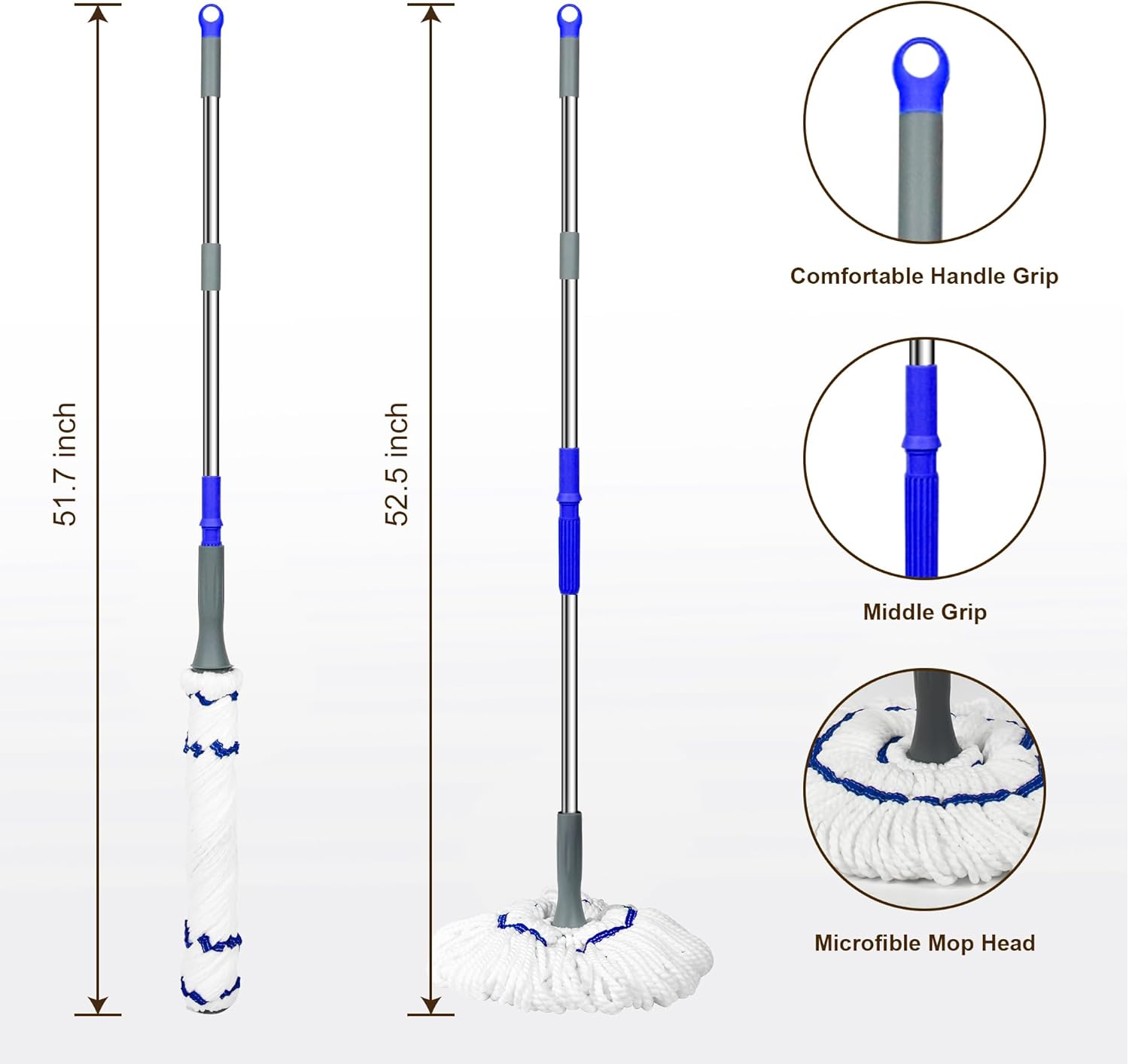 Self Wringing Floor Cleaner with 52.5 Inch Long Handle, Heavy Duty Wet Mop for Hardwood, Tile