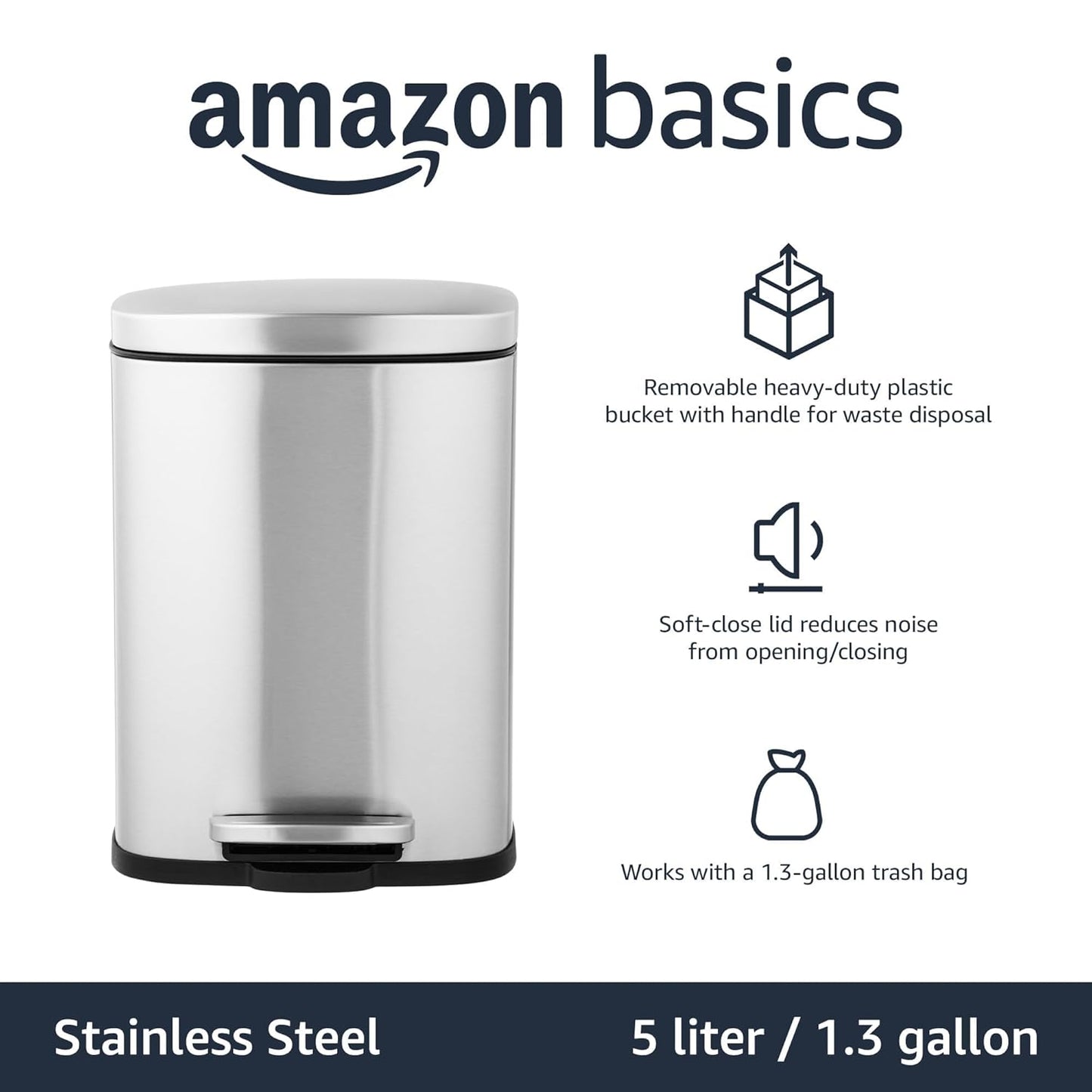 Amazon Basics Smudge Resistant Mini Rectangular Trash Can With Soft-Close Foot Pedal, Brushed