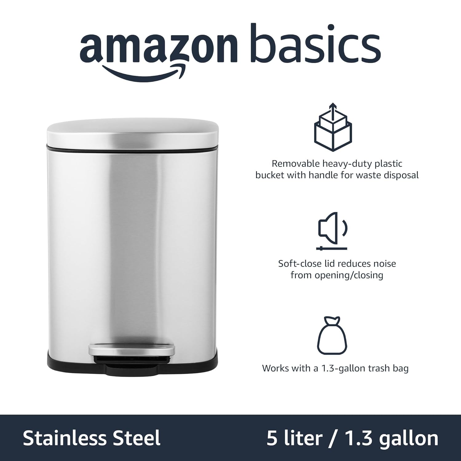 Amazon Basics Smudge Resistant Mini Rectangular Trash Can With Soft-Close Foot Pedal, Brushed