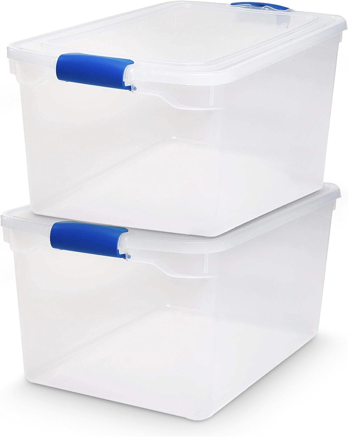 HOMZ 2-Pack Latching Lid, Large Clear Plastic Storage Bins with Lids, 66 Quart, Blue Latch