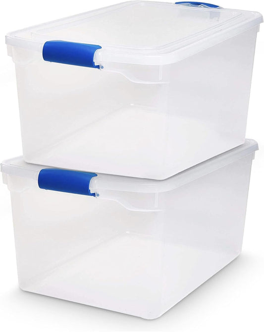 HOMZ 2-Pack Latching Lid, Large Clear Plastic Storage Bins with Lids, 66 Quart, Blue Latch