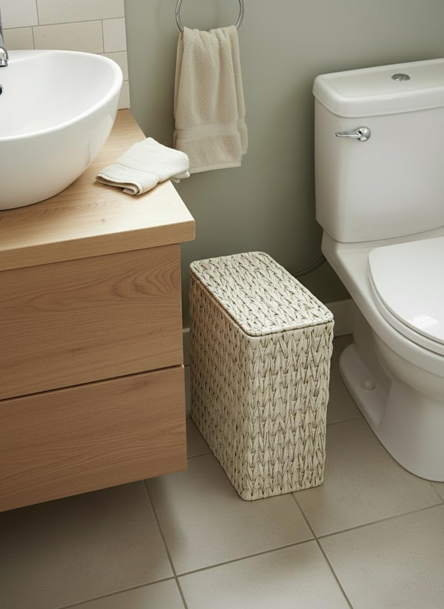 Wicker Trash Can with Lid and Liner,Boho Decotative Small Bathroom Trash Cans,Waterproof Slim Waste