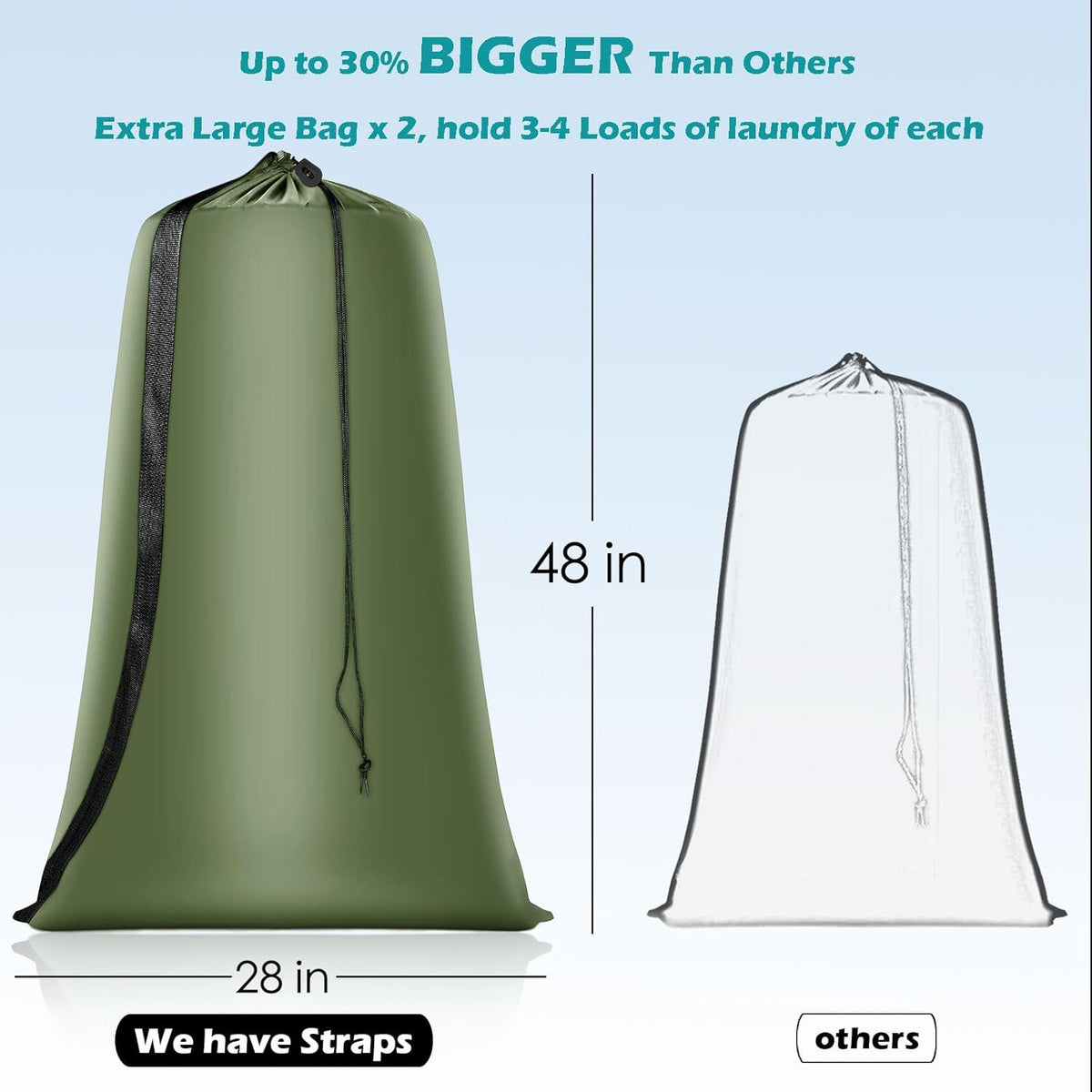 Heavy Duty Laundry Bag 2 Pack XL Nylon Laundry Bags with Straps, Washable Large Dirty Clothes