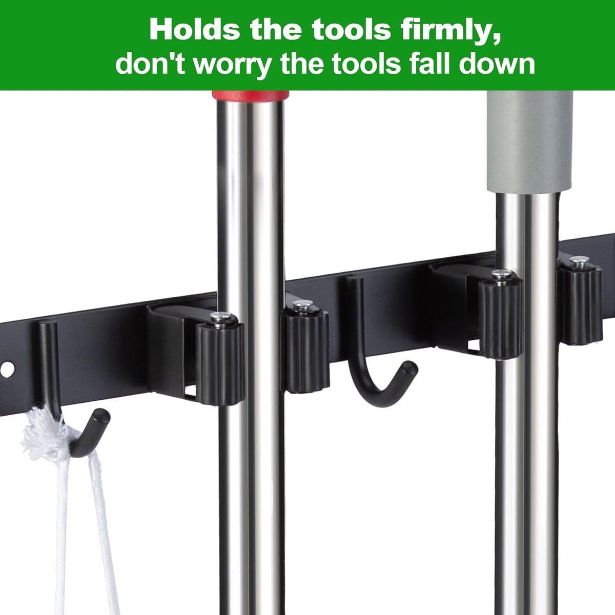 voze 2 Racks and 3 Hooks Mop and Broom Holder Wall Mount, Self Adhesive Heavy Duty Broom Organizer