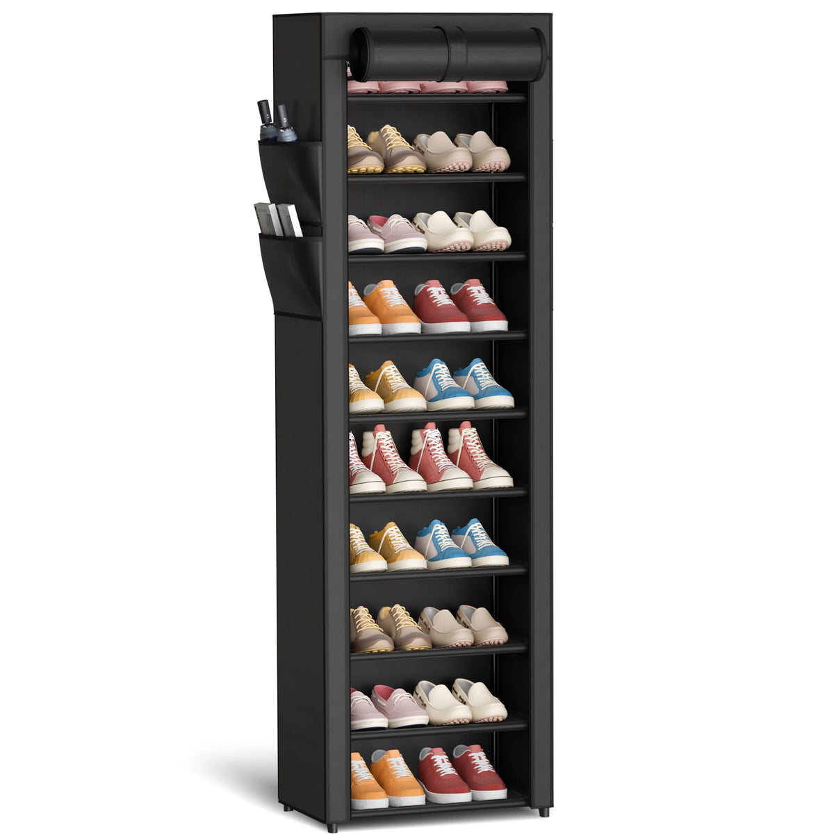 Kitsure 10-Tier Shoe Rack with Cover, Vertical Shelf, 17.5" Wide, Black