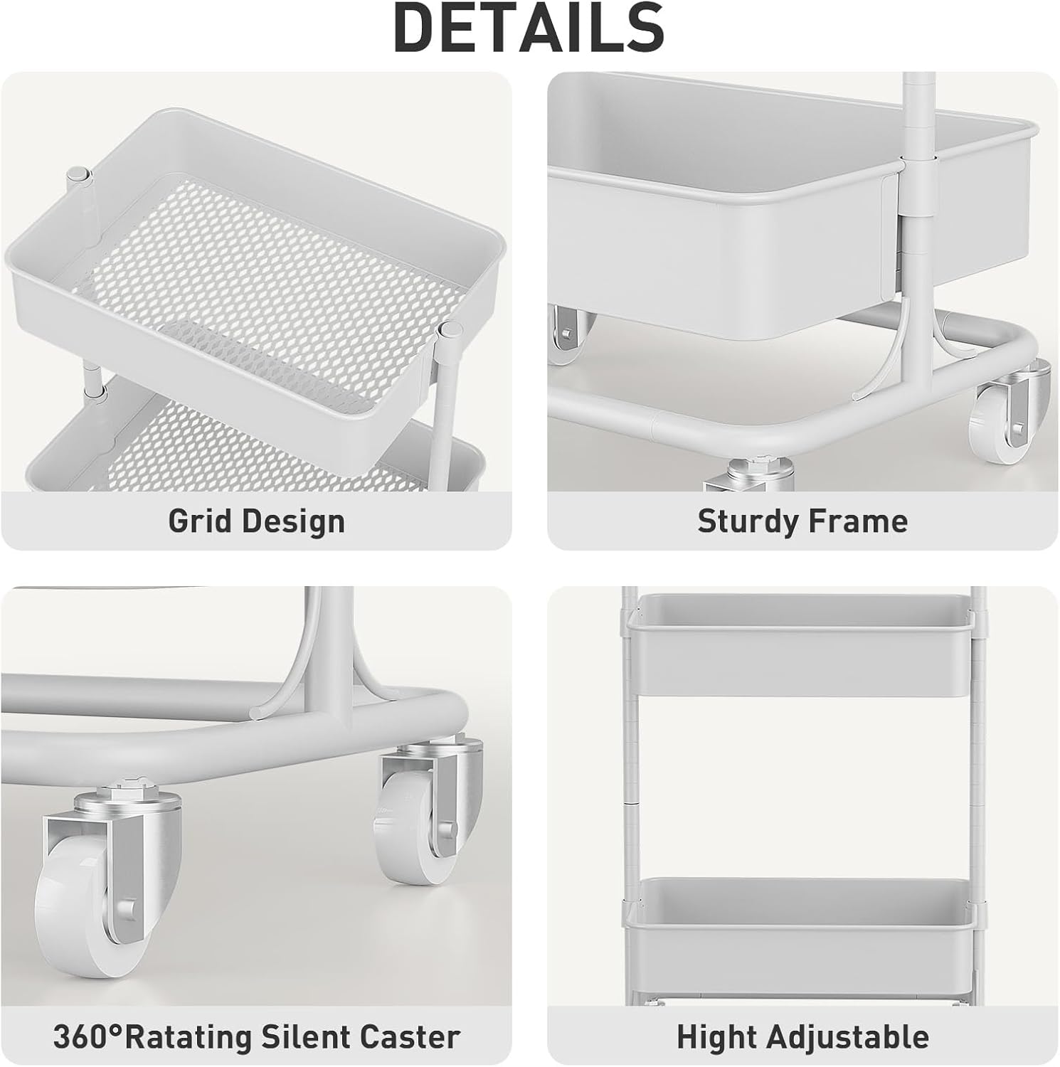 3 Tier Modern Metal Rolling Tool Cart with Silent Casters, 17.72×12.40×35.04 inch Heavy Duty