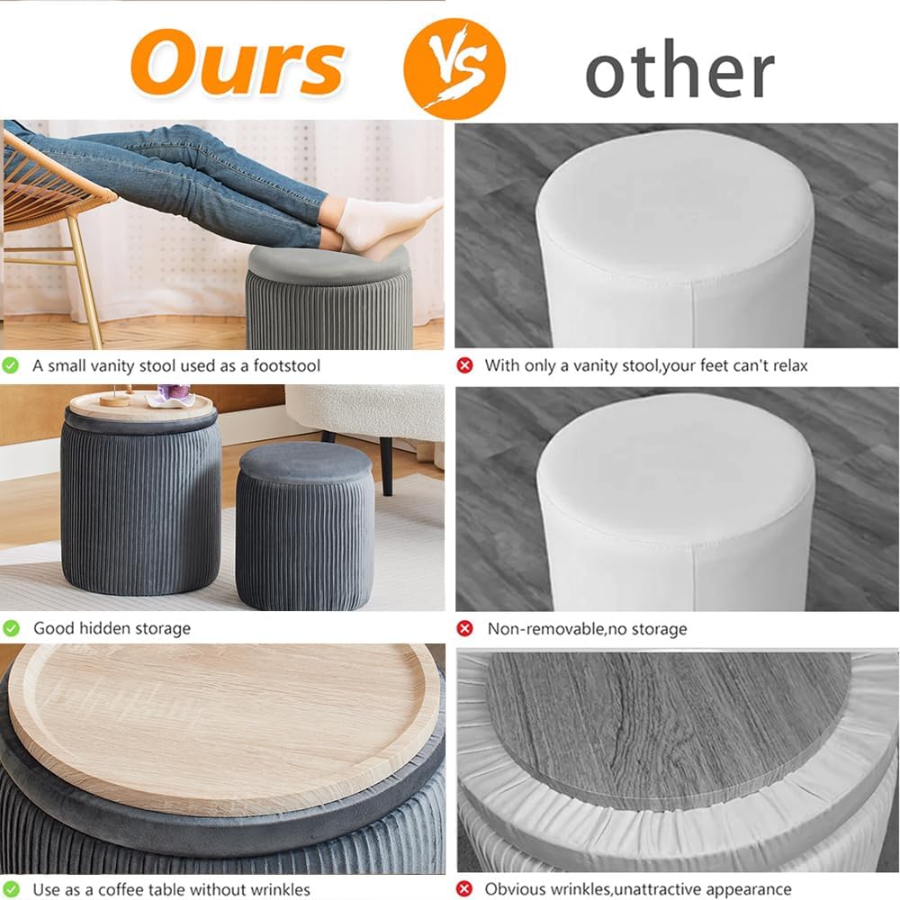 Round Ottoman with Storage Set of 2-Upholstered Velvet Vanity Stool for Makeup Multifunctional