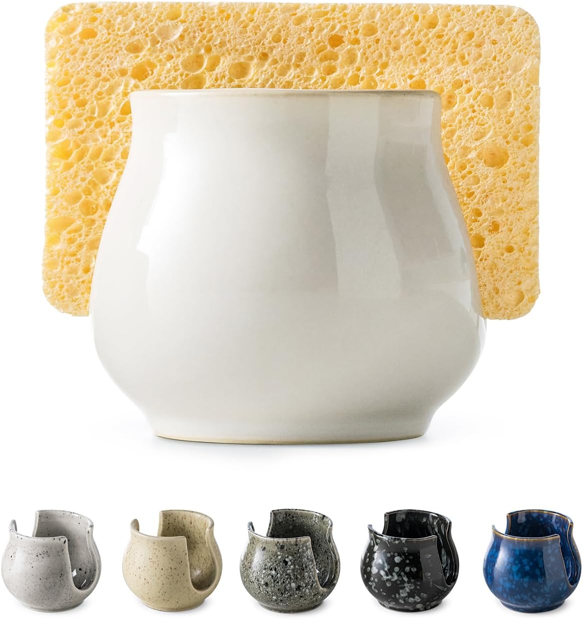Sponge Holder for Kitchen Sink Counter, Ceramic Dish Sponge Caddy White Sink Organizer Dish Rack