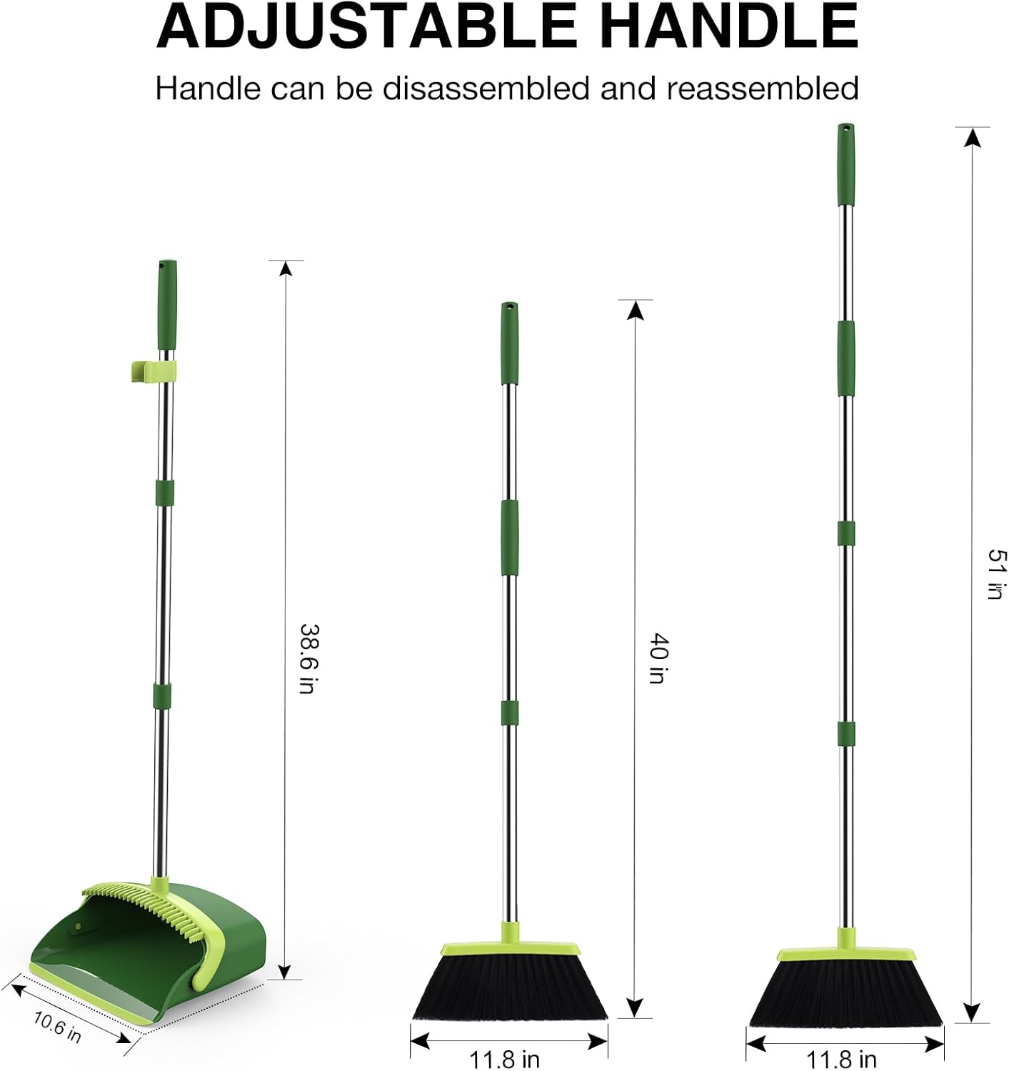 Broom and Dustpan Set, 52-in Long Adjustable Handle Broom Dustpan Combo with Dust pan Teeth to