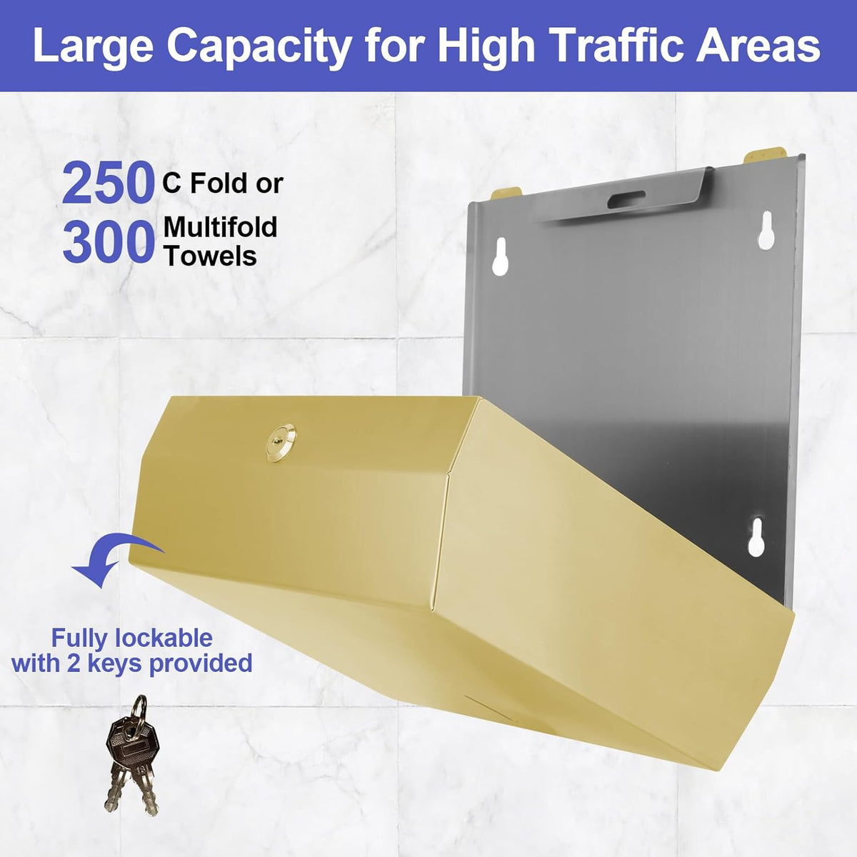 Paper Towel Dispenser Wall Mount, Brushed Gold Stainless Steel Commercial Paper Towel Holder with