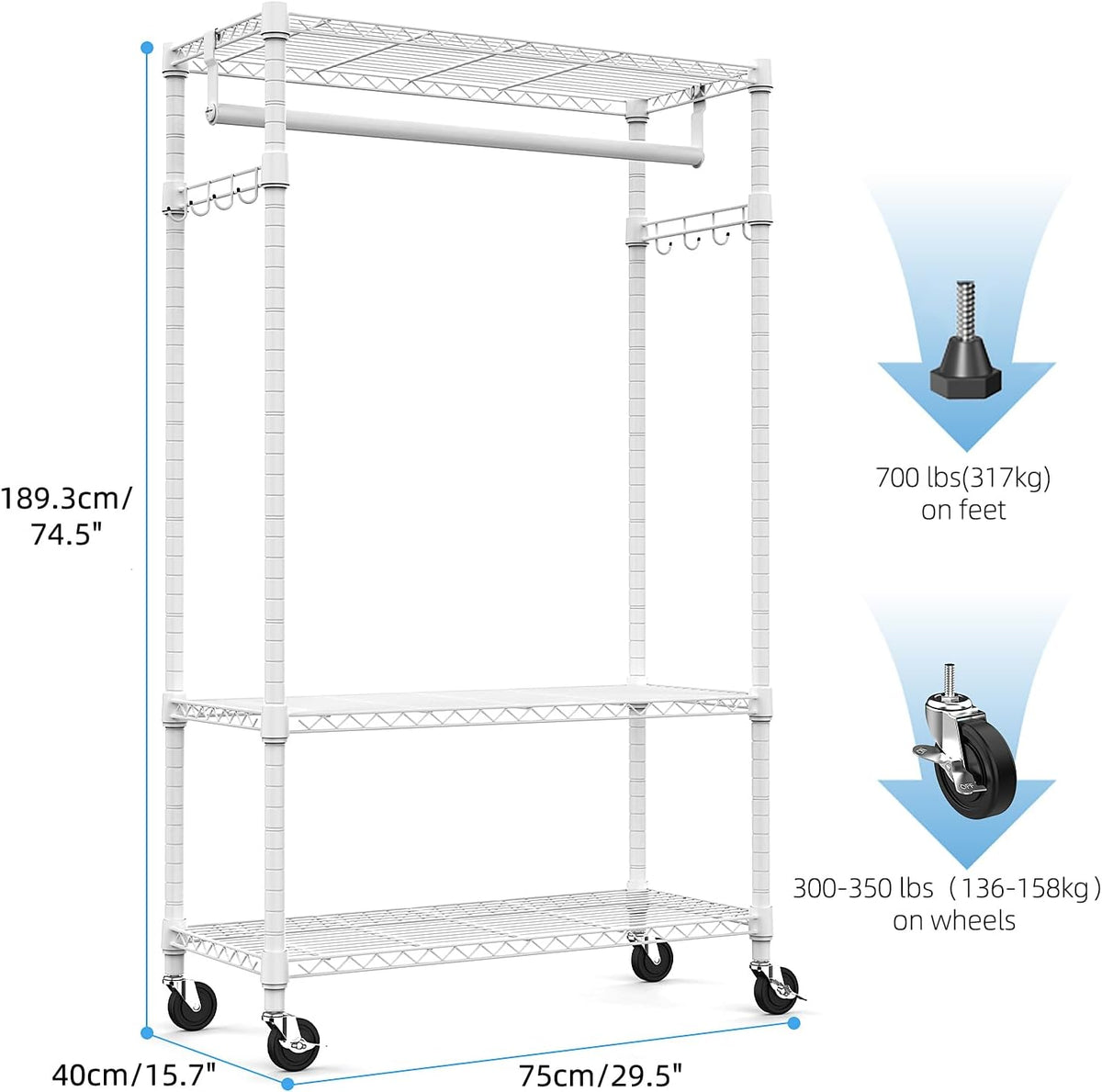 Heavy Duty Rolling Garment Rack 3 Tiers Adjustable Wire Shelving Clothes Rack with Rods and Side