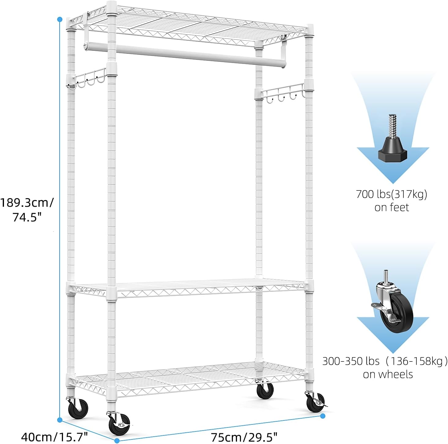 Heavy Duty Rolling Garment Rack 3 Tiers Adjustable Wire Shelving Clothes Rack with Rods and Side