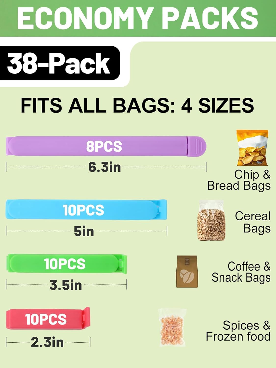38 PCS Colorful Chip Clips - 4 Sizes Good Sealing Bag Clips for Food Snack Storage, Keeps Coffee