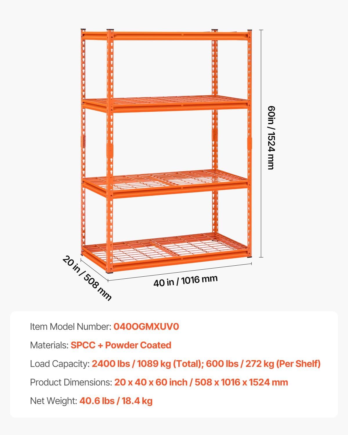VEVOR Storage Shelves, 2400 lbs, 4 Tier Heavy Duty Garage Shelving, 20" D x 40" W x 60" H