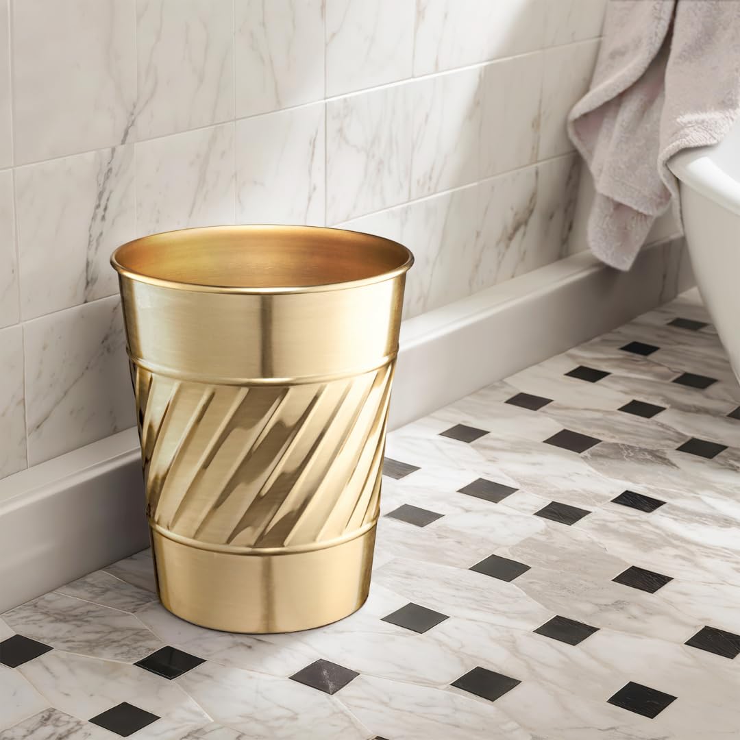 Monarch Abode Brushed Gold Handcrafted Wave Embossed Metal Wastebasket for Home Office, Decorative