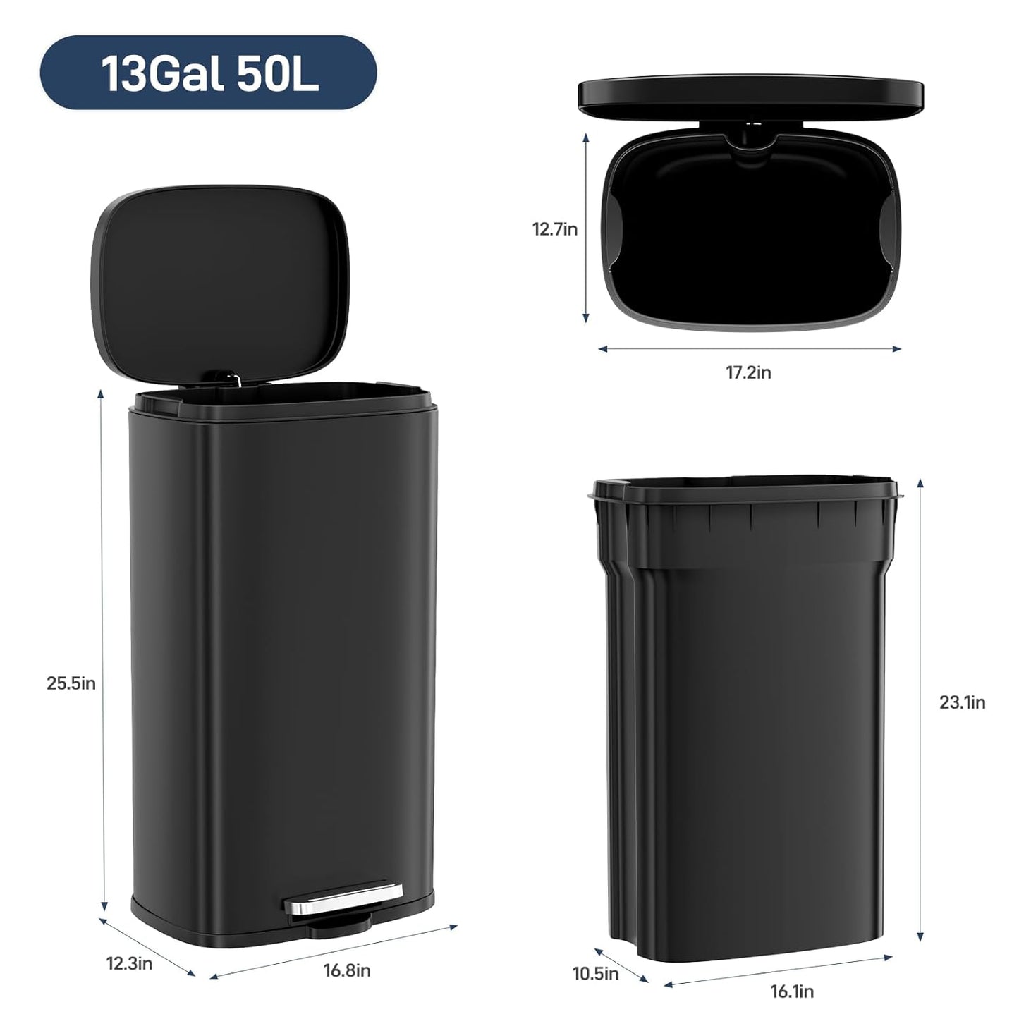 Arlopu13.2 Gallon Step Trash Can, Stainless Steel Garbage Bin, Soft-Close Rubbish Bin with