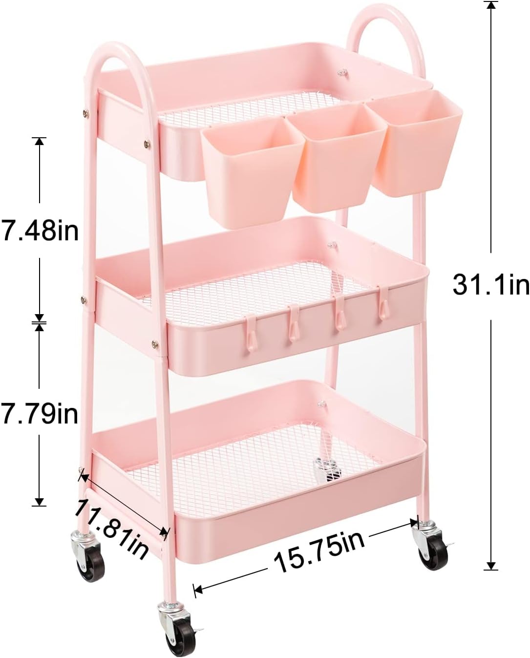 Danpinera 3-Tier Rolling Cart, Metal Storage Cart with Lockable Wheels, Hanging Cups & Hooks
