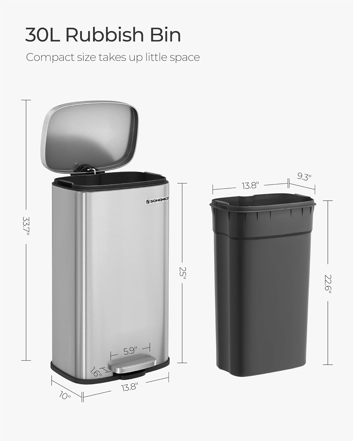 SONGMICS Trash Can with Lid, 8 Gallon Garbage Can, Stainless Steel Small Waste Bin with Step Pedal