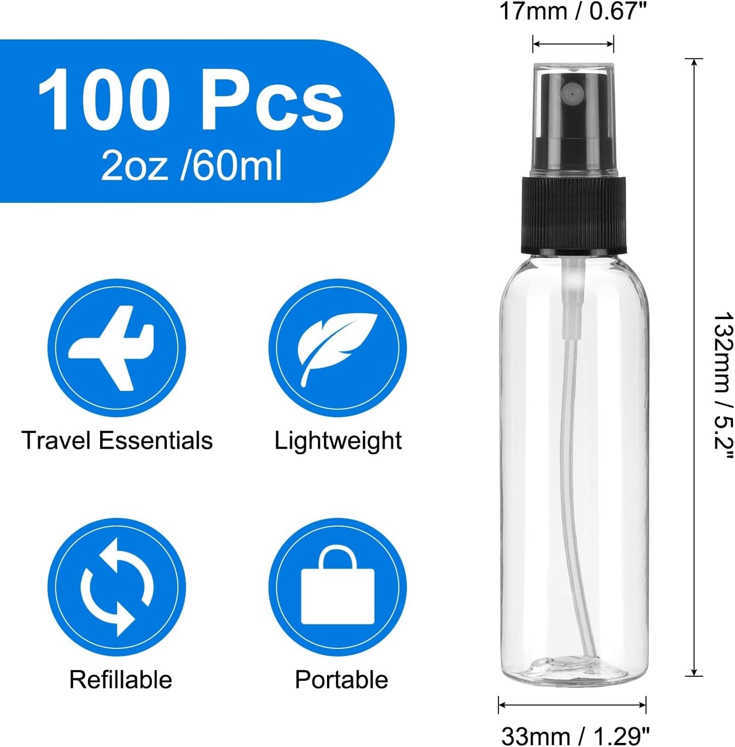 uxcell 100Pack Spray Bottles, 2Oz/60ML Clear Empty Mist Plastic Mini Travel Bottle Set,Small