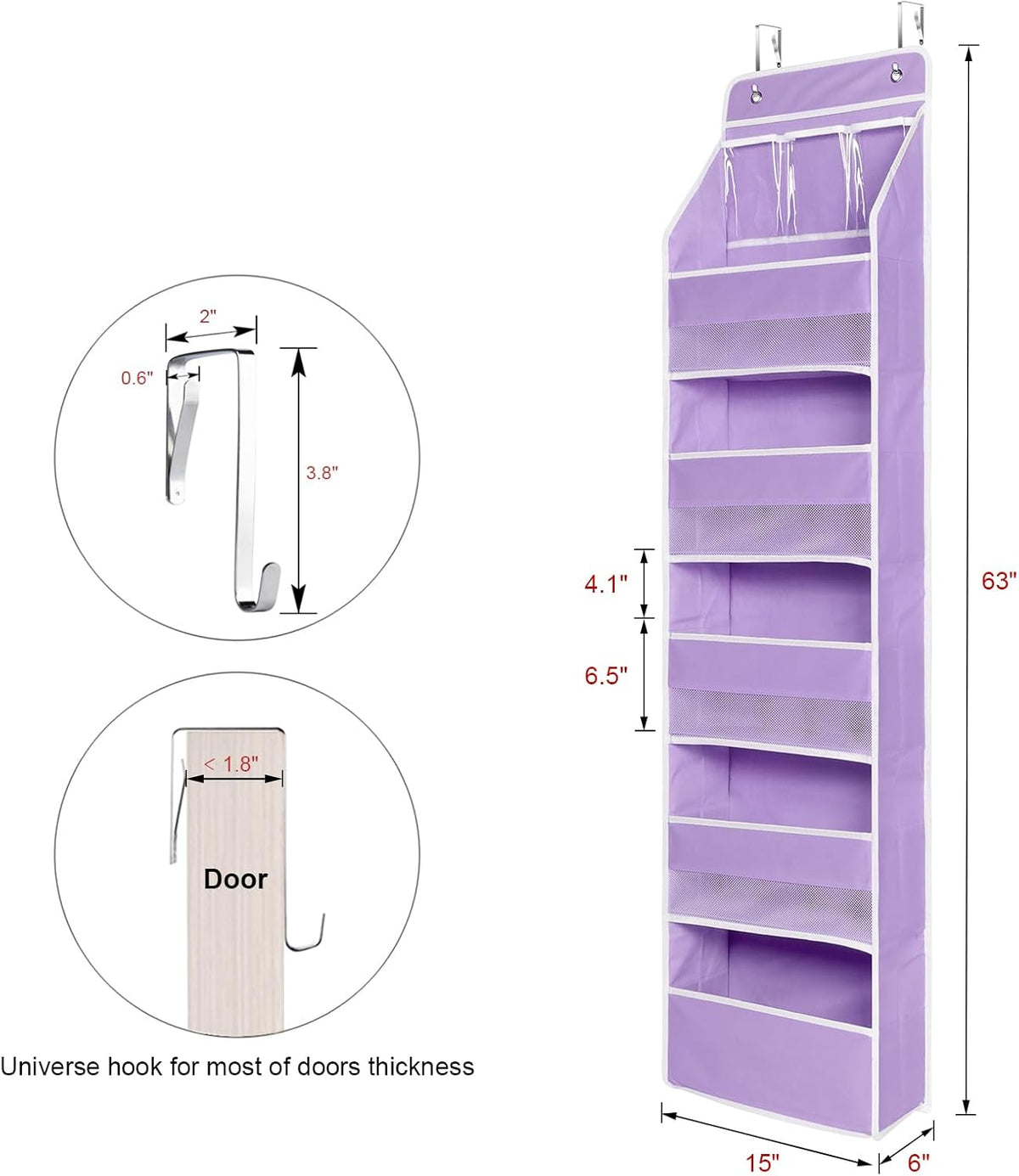 Univivi 6-Shelf Over Door Hanging Organizer Fabric Baby Door Storage with 5 Large Pockets and 3