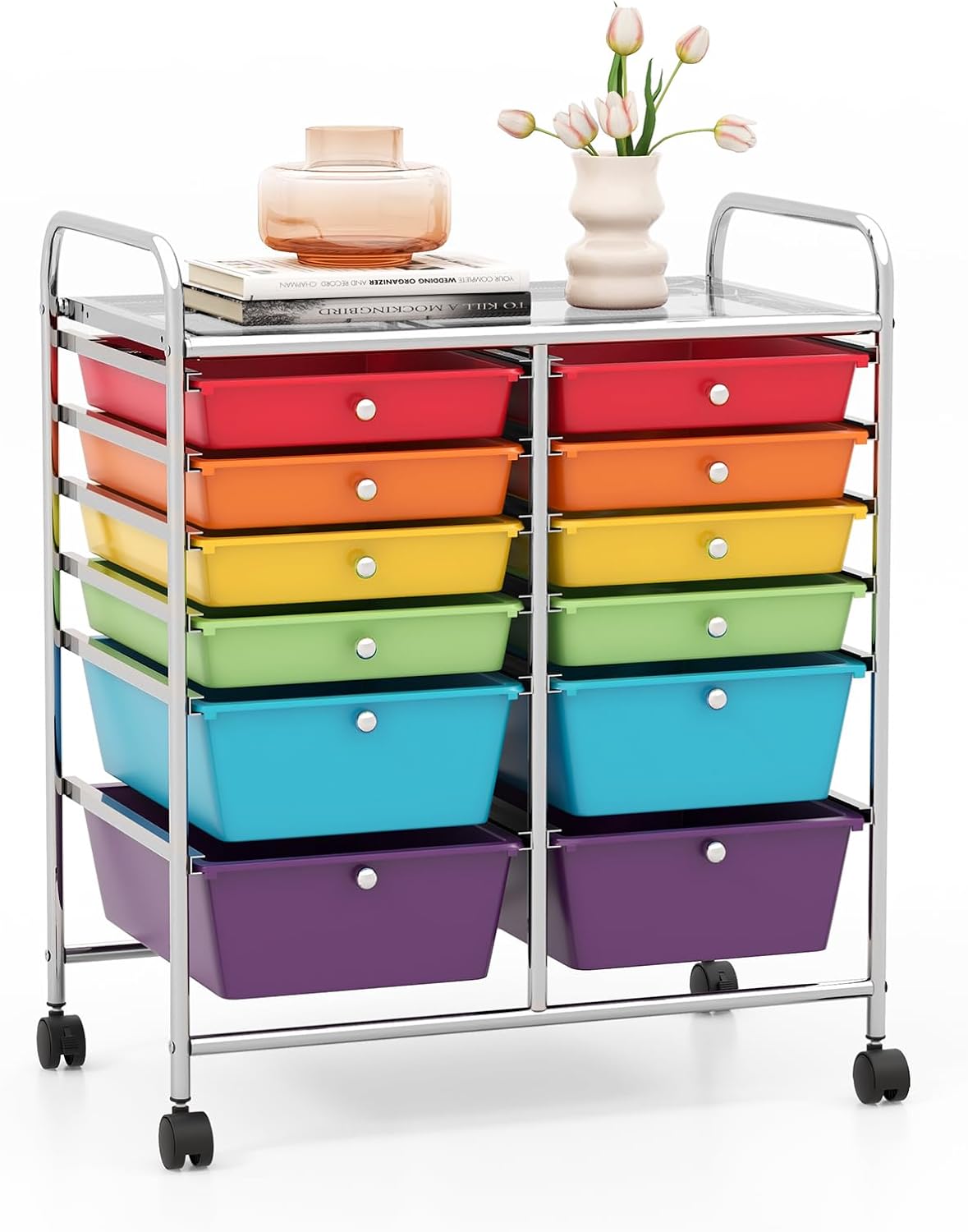 GOFLAME 12-Drawer Rolling Storage Cart, Multipurpose Organizer Cart with 2 Sizes Plastic Drawers