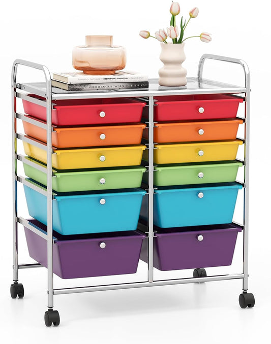 GOFLAME 12-Drawer Rolling Storage Cart, Multipurpose Organizer Cart with 2 Sizes Plastic Drawers