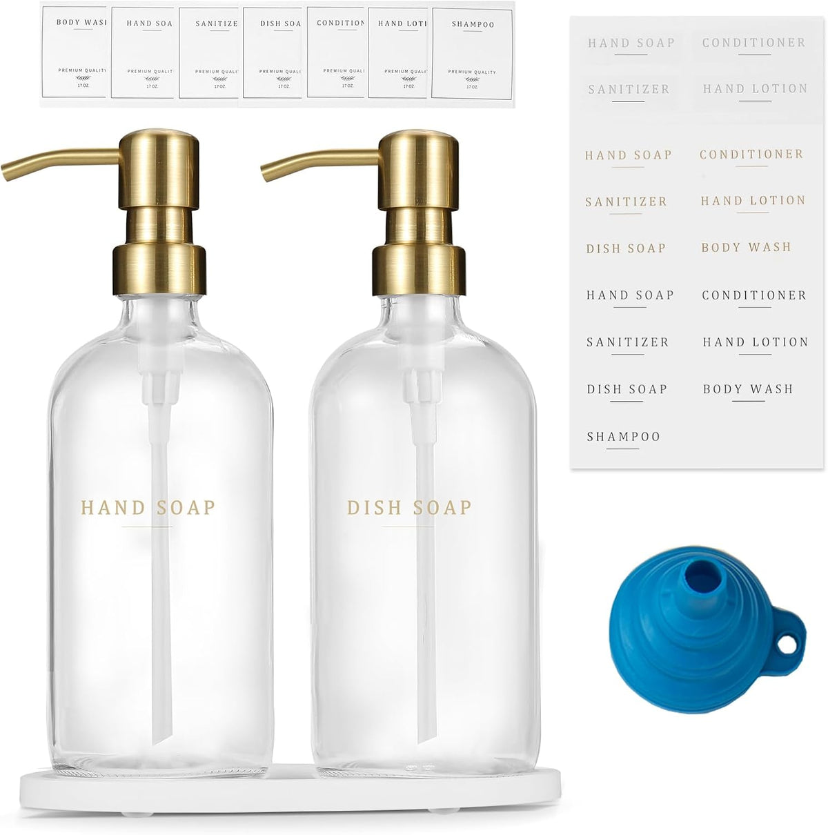 Glass Soap Dispenser - Dish Hand Soap Dispenser Set for Kitchen, Bathroom Soap Lotion Dispenser