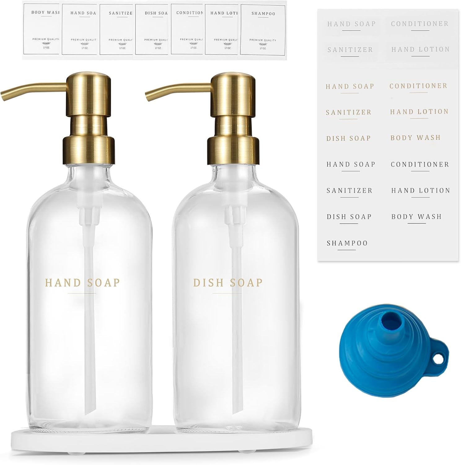 Glass Soap Dispenser - Dish Hand Soap Dispenser Set for Kitchen, Bathroom Soap Lotion Dispenser