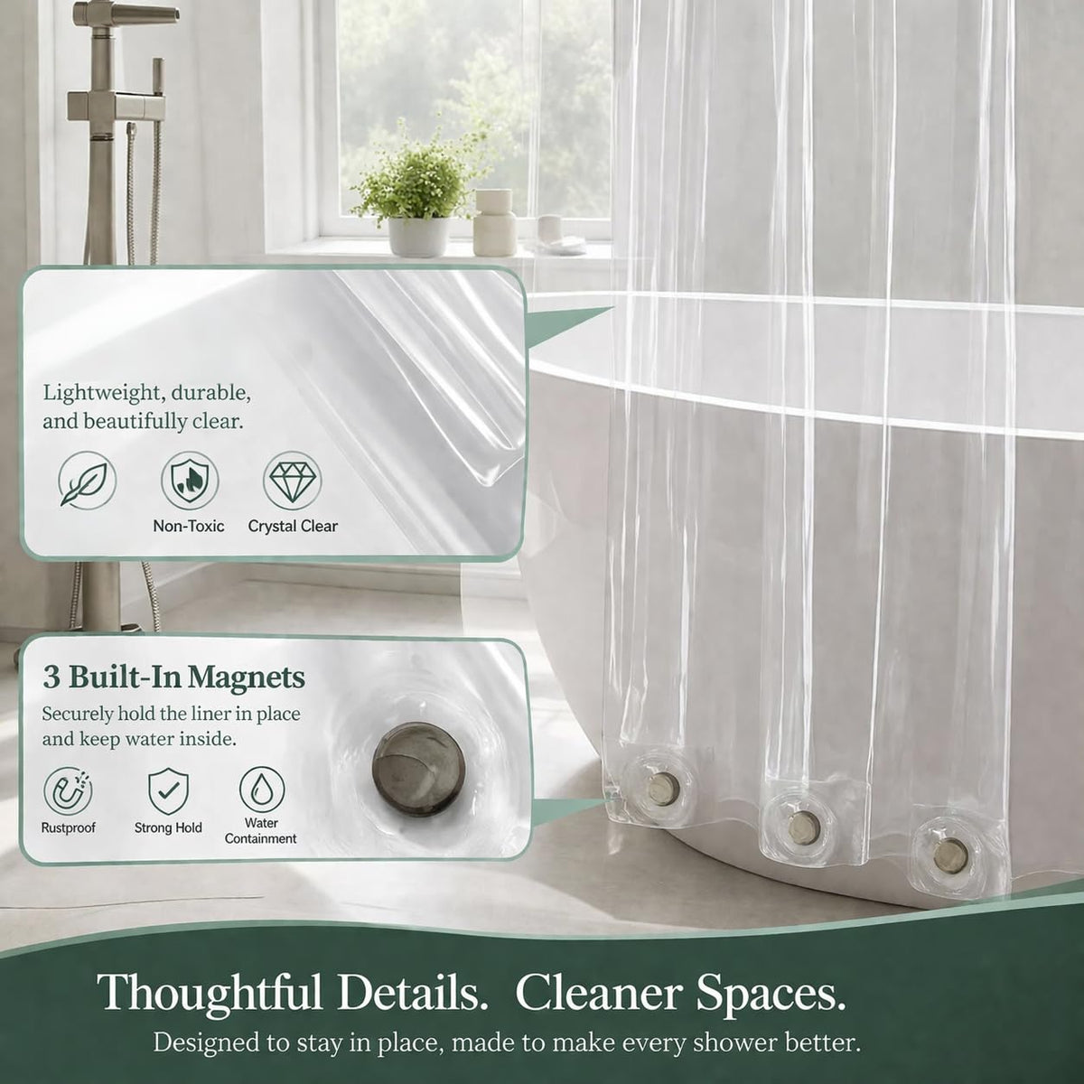 EHZNZIE Crystal Clear Shower Curtain Liner 72x72, PEVA Waterproof Bath Curtain, No Chemical Smell