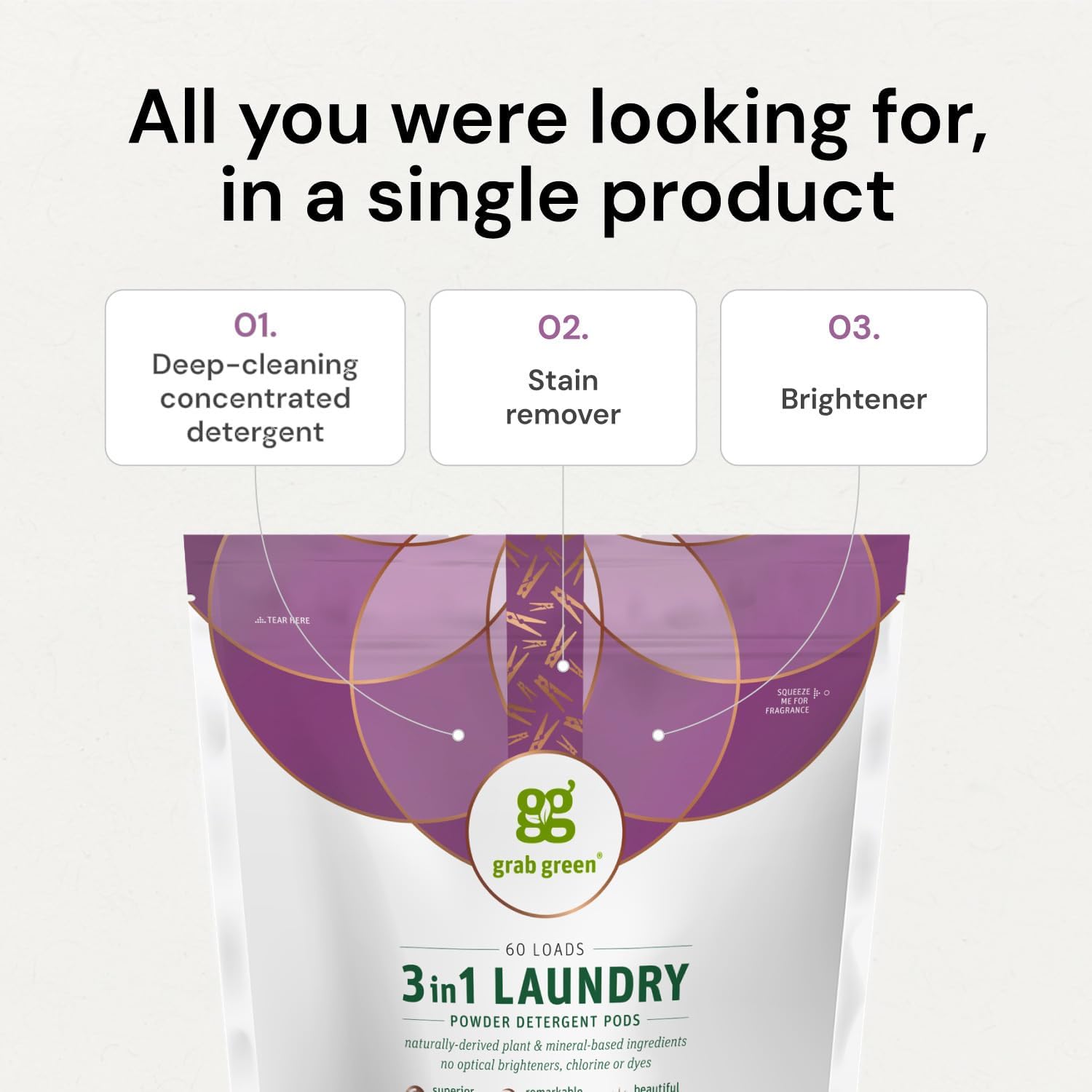 Grab Green 3-in-1 Laundry Detergent Pods, 24 Count, Vetiver Scent, Plant and Mineral Based