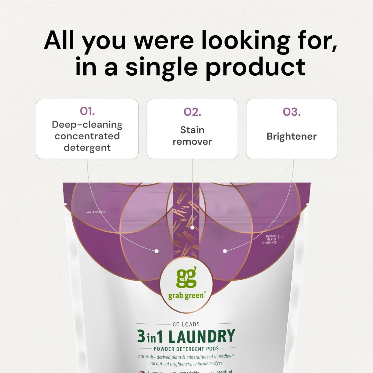 Grab Green 3-in-1 Laundry Detergent Pods, 132 Count, Vetiver Scent, Plant and Mineral Based